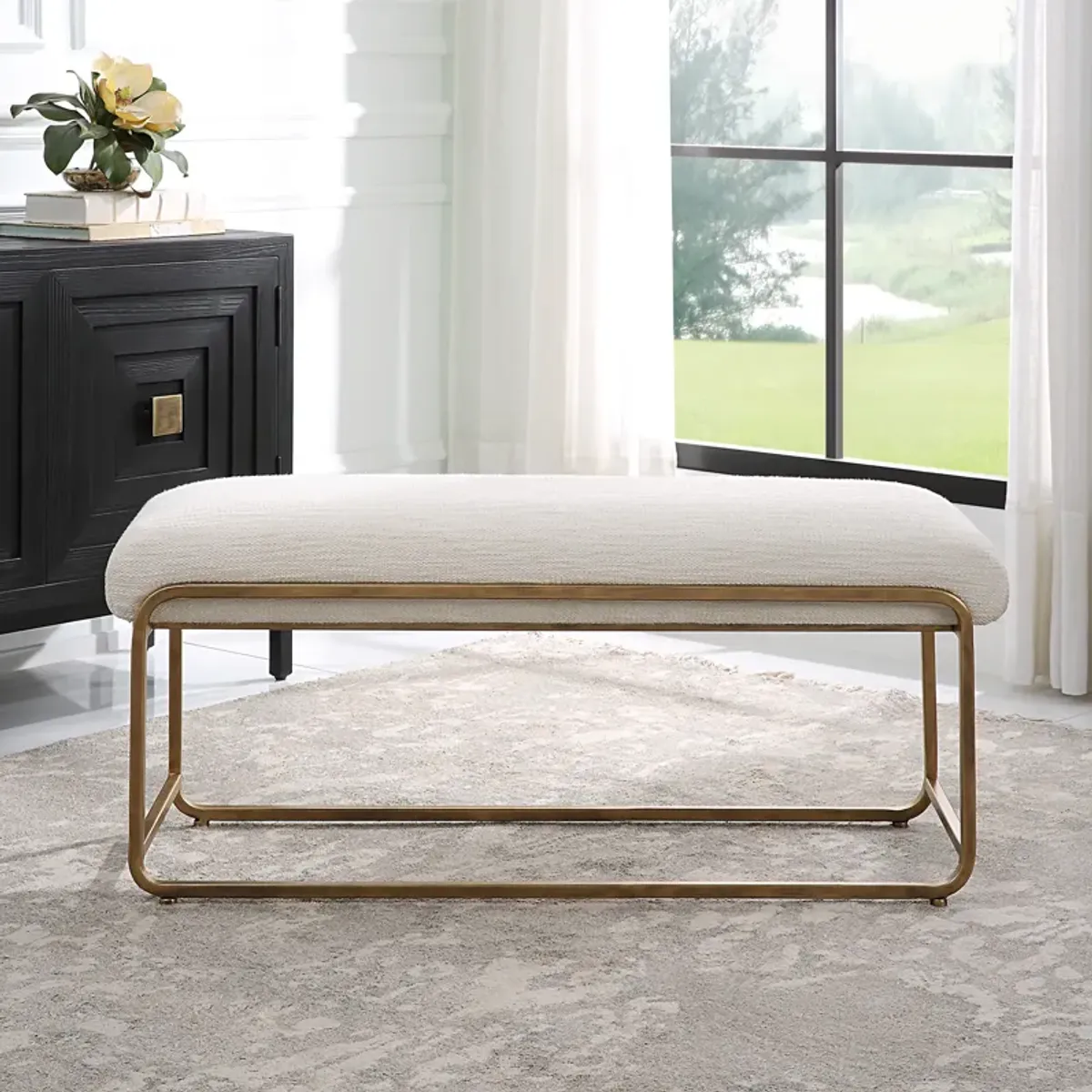 Antique Brushed Brass Finish, With A Crisp White Cushion Benches