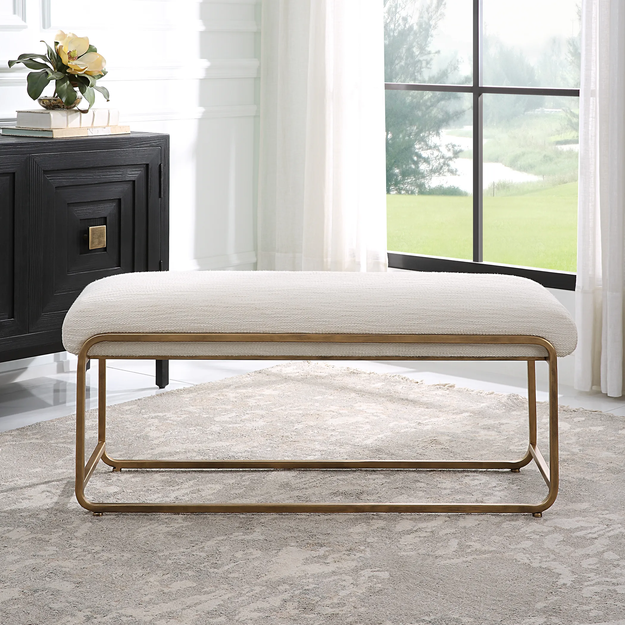 Antique Brushed Brass Finish, With A Crisp White Cushion Benches