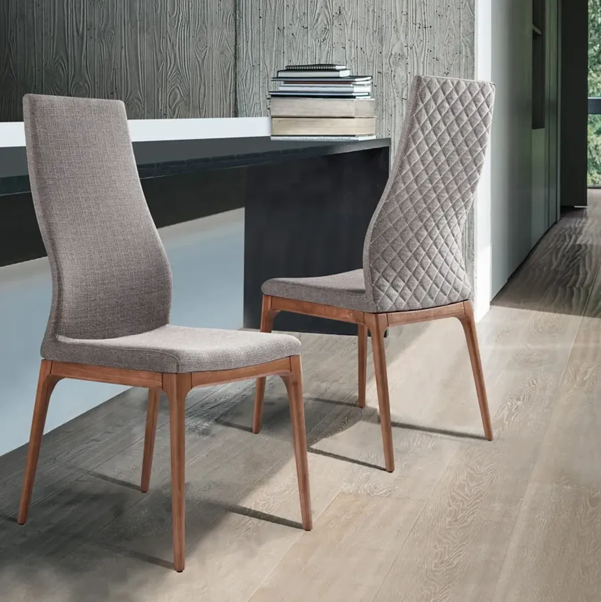 Parker Mid-Century Dining Chair in Walnut Finish and Gray Fabric - Set of 2