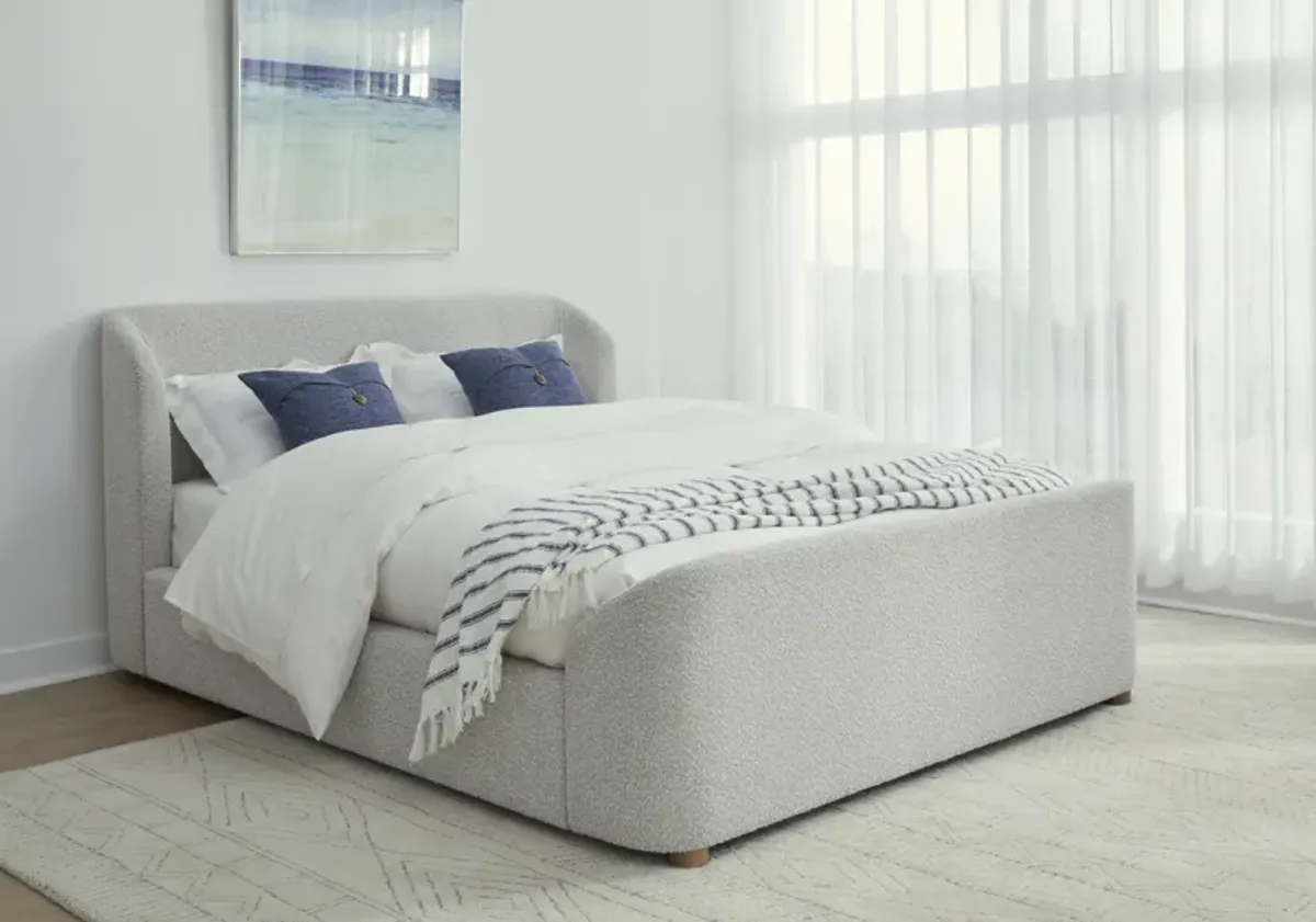 Kiki California King-size Upholstered Platform Bed in Cotton Ball Boucle