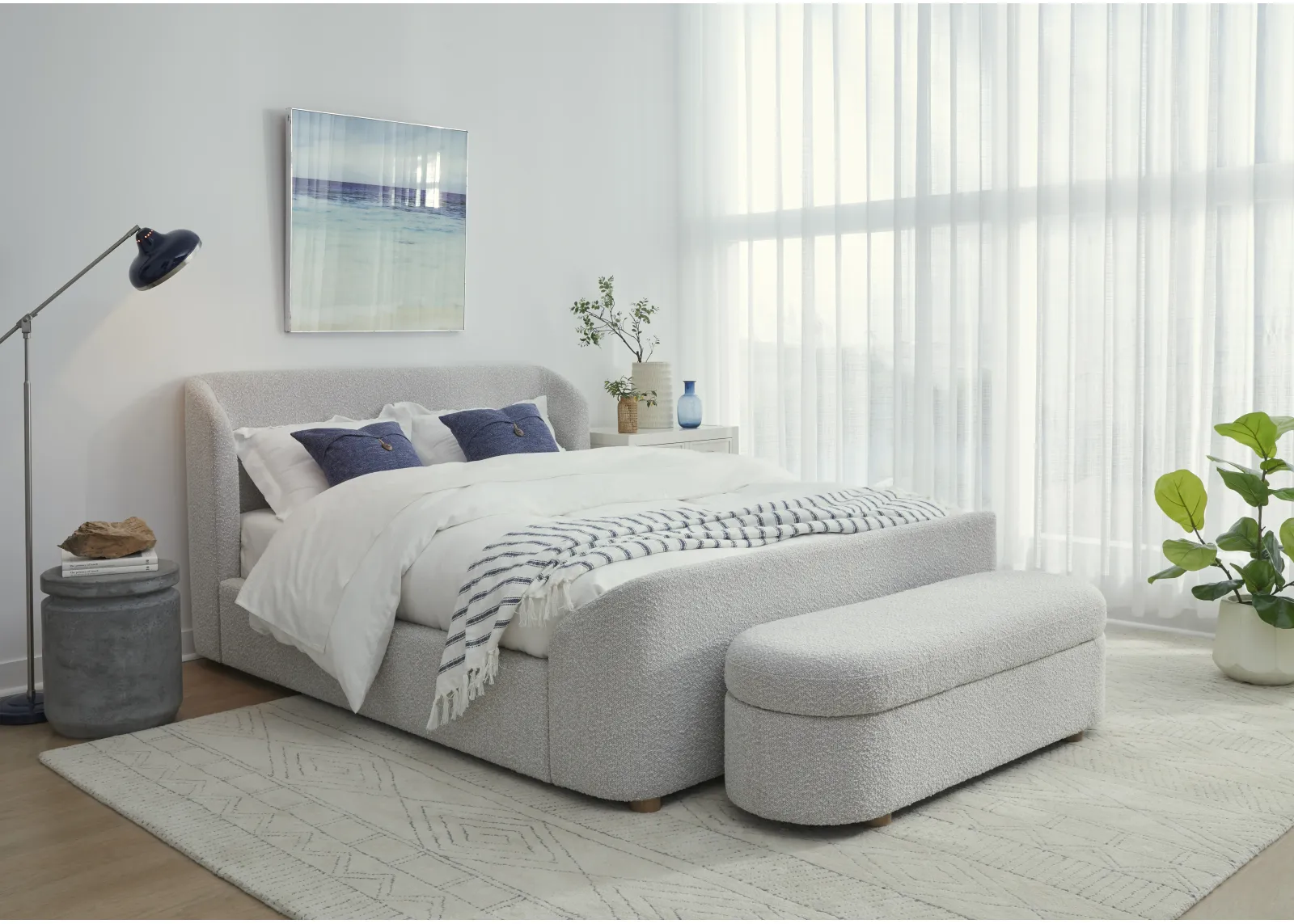 Kiki California King-size Upholstered Platform Bed in Cotton Ball Boucle