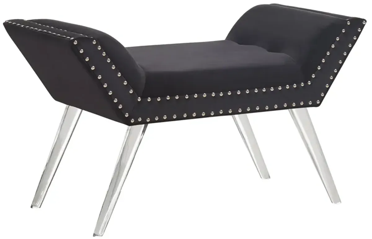 Silas Ottoman Bench in Black Tufted Velvet with Nailhead Trim and Acrylic Legs