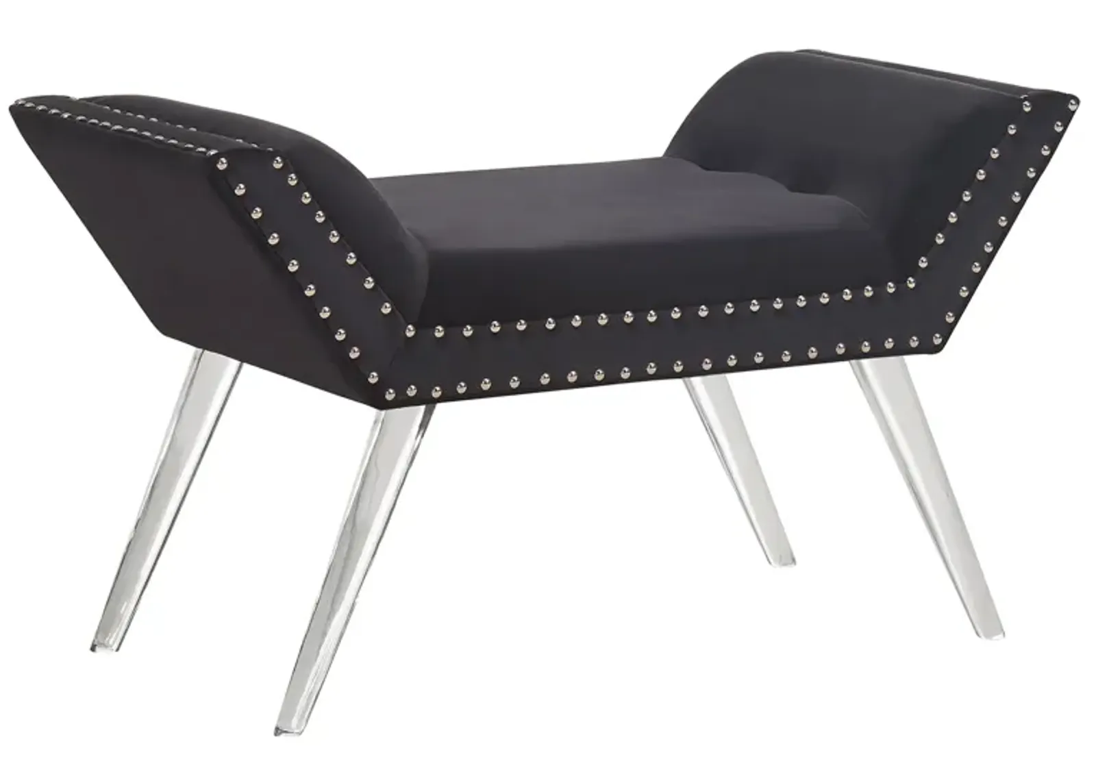 Silas Ottoman Bench in Black Tufted Velvet with Nailhead Trim and Acrylic Legs