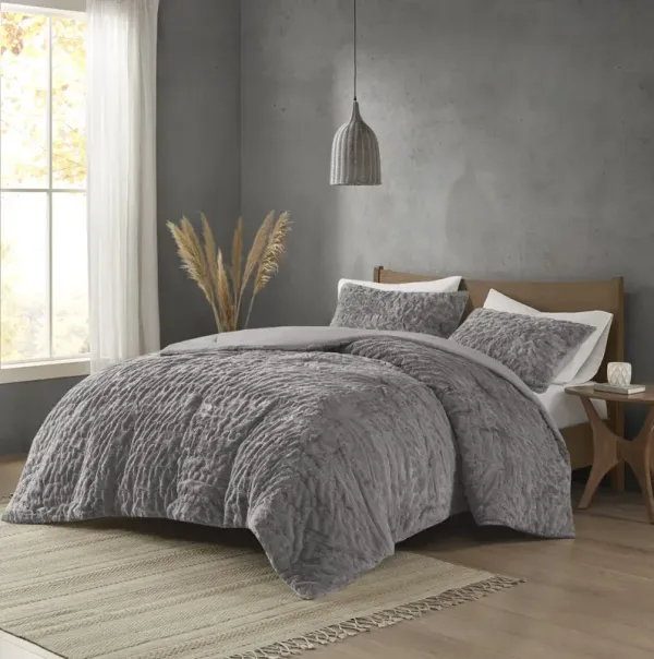 Madison Park Blair Grey Ruched Fur Down Alternative Comforter Set