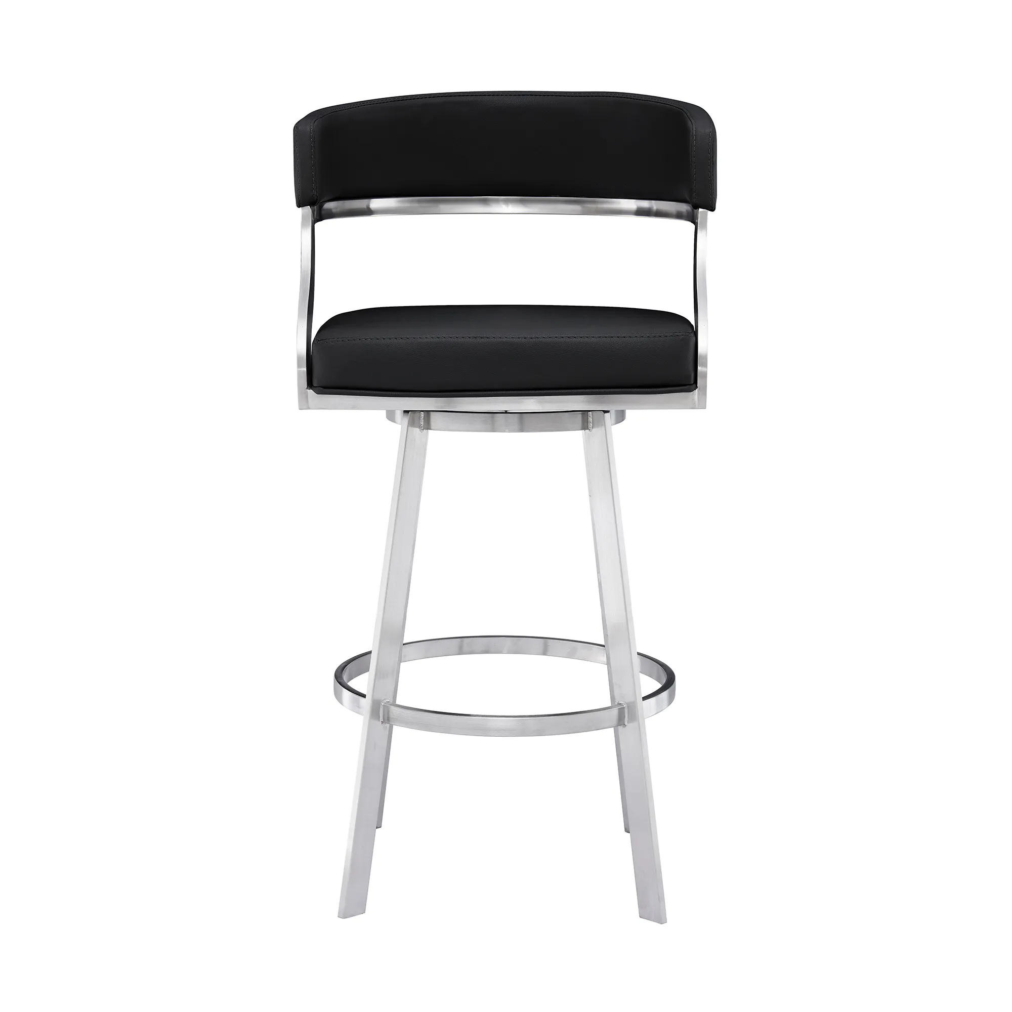 Saturn 26" Counter Height Swivel Black Faux Leather and Brushed Stainless Steel Bar Stool