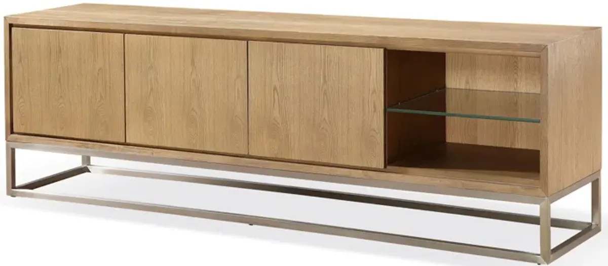 One Coastal Modern 84 inch TV Console in Brushed Stainless Steel and Bisque