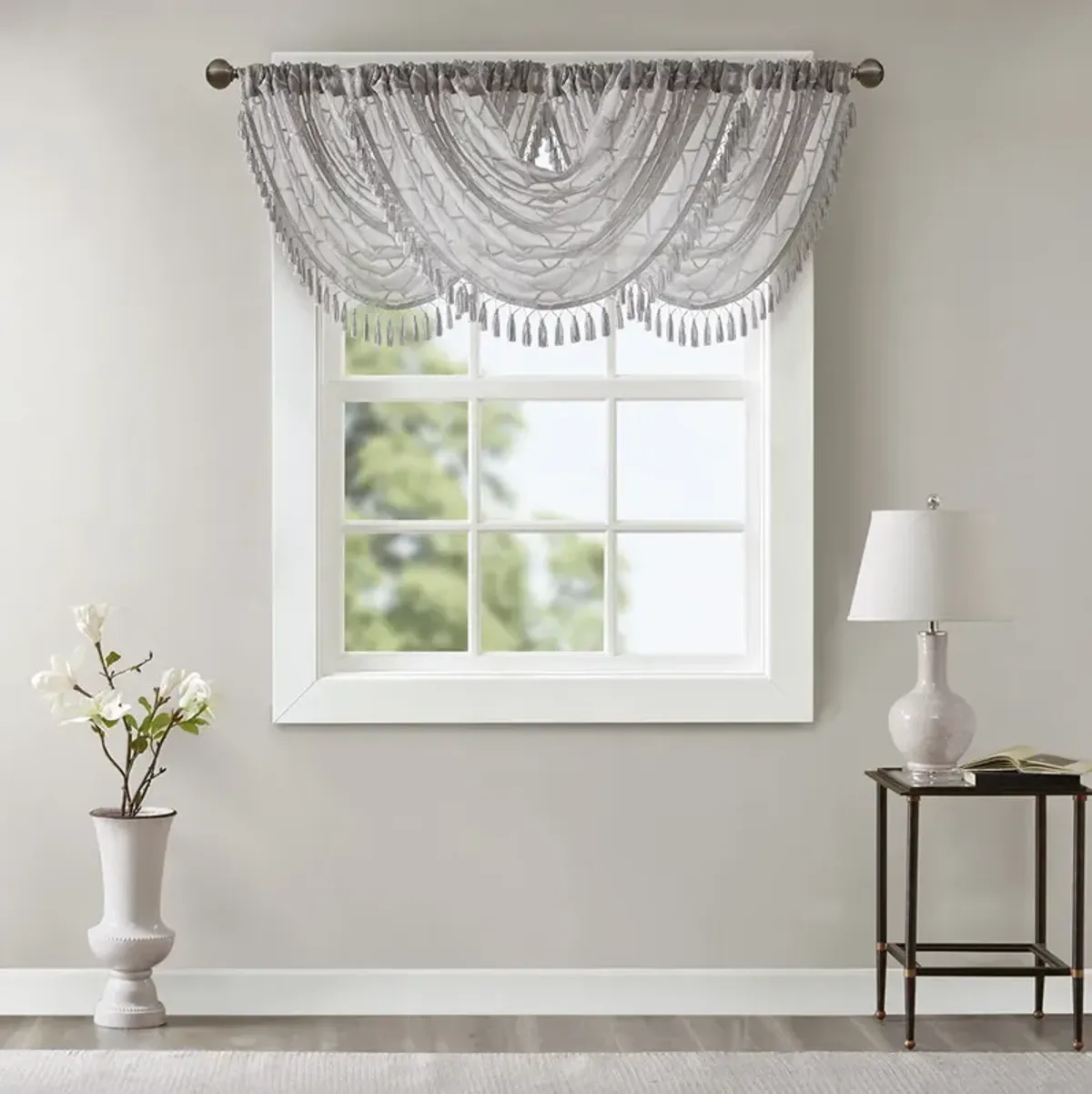 Madison Park Irina Grey Diamond Sheer Embroidered Waterfall Valance