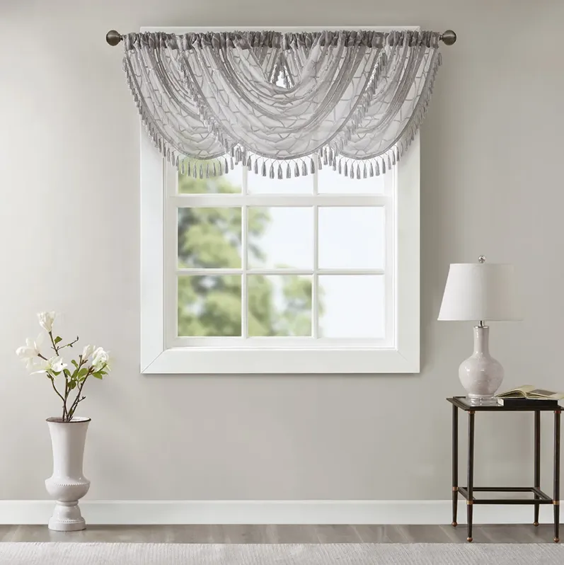 Madison Park Irina Grey Diamond Sheer Embroidered Waterfall Valance