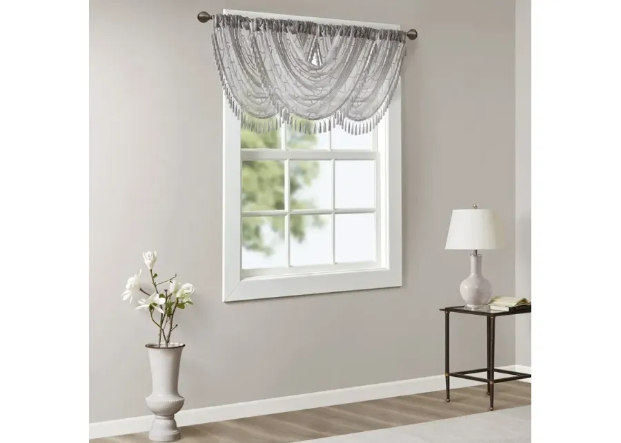 Madison Park Irina Grey Diamond Sheer Embroidered Waterfall Valance