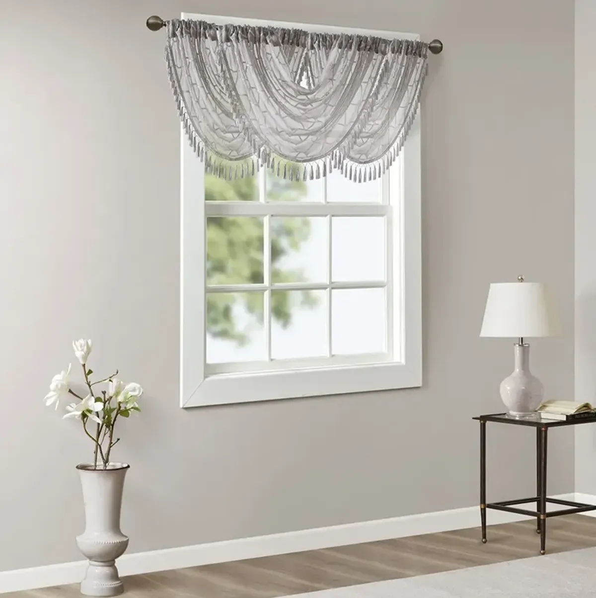 Madison Park Irina Grey Diamond Sheer Embroidered Waterfall Valance