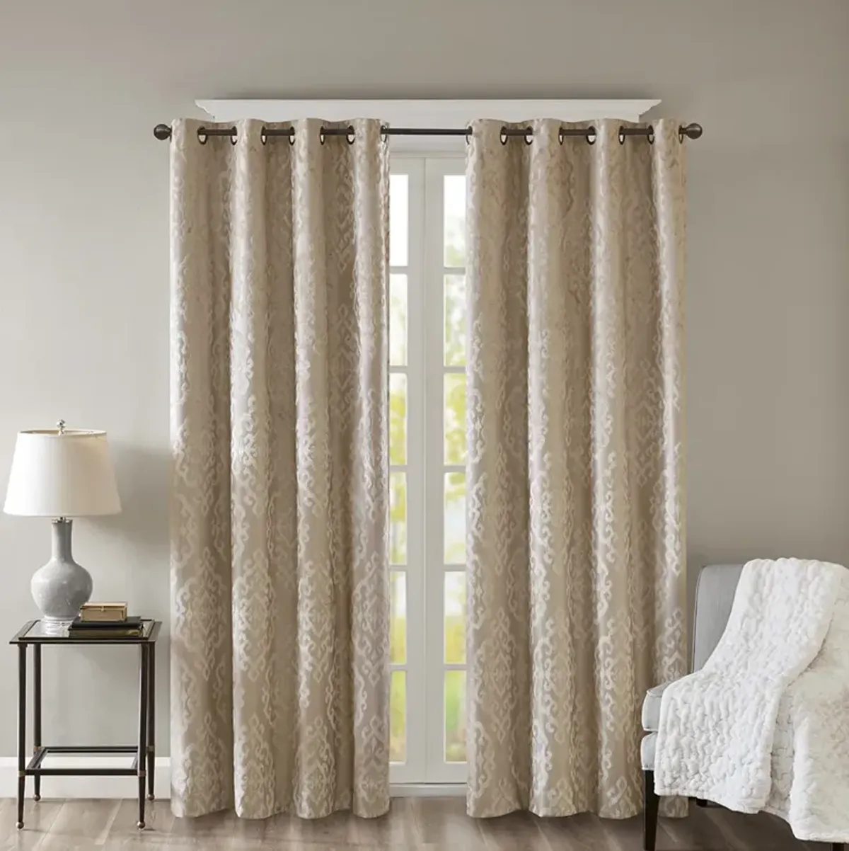 SunSmart Mirage Champagne Knitted Jacquard Damask Total Blackout Grommet Top Curtain Panel