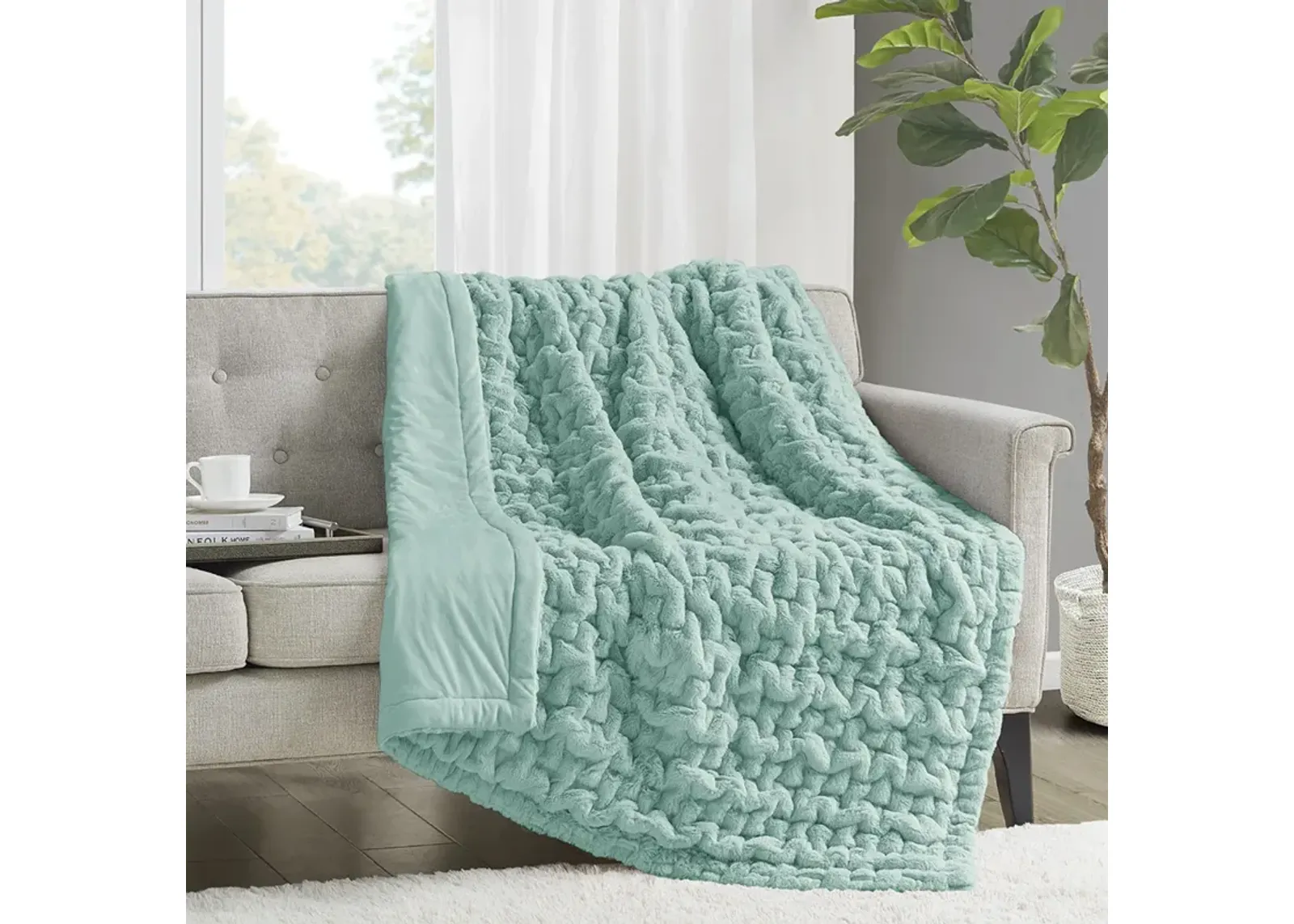 Madison Park Ruched Fur Aqua Throw