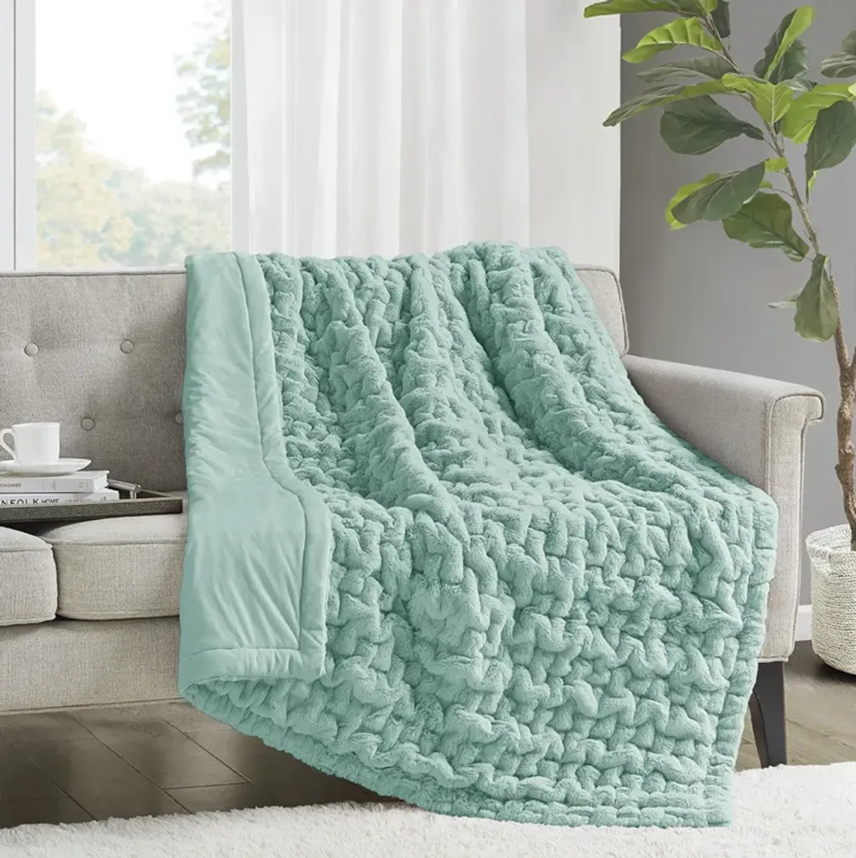 Madison Park Ruched Fur Aqua Throw