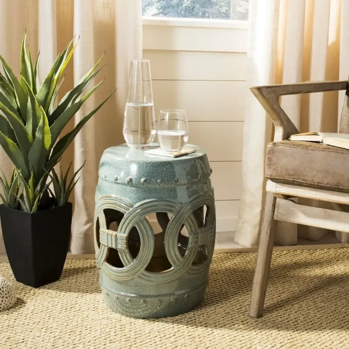 Blue-Green Ceramic Double Coin Stool