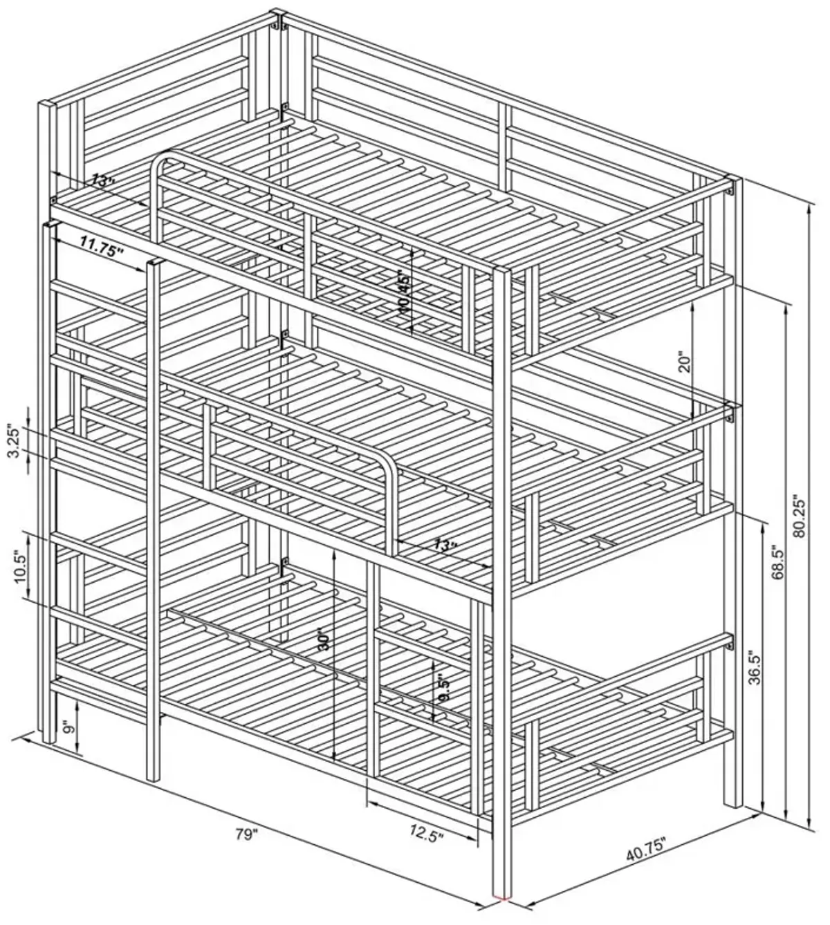 Maynard Metal Triple Twin Bunk Bed Gunmetal