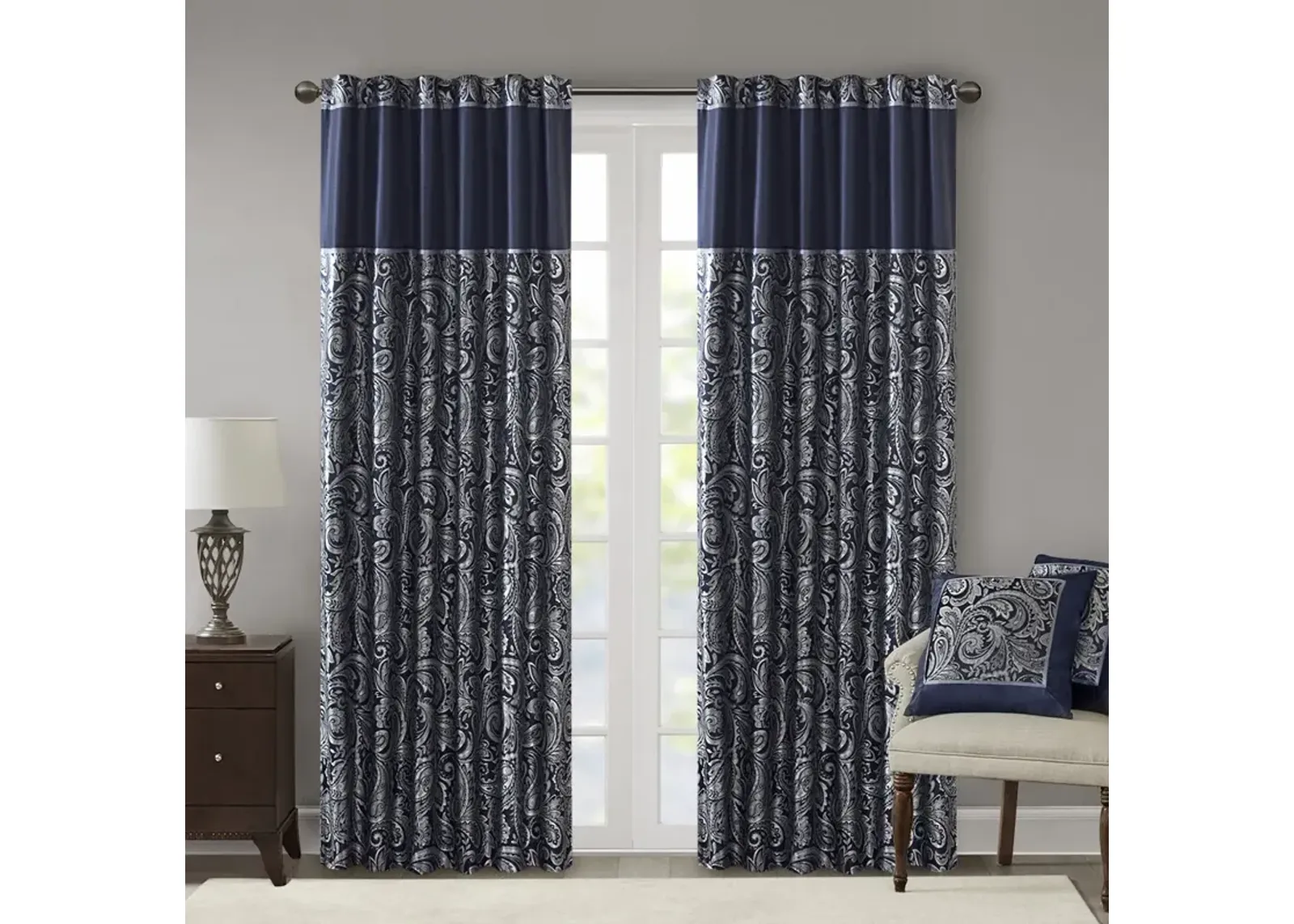 Madison Park Aubrey Navy Jacquard Curtain Panel Pair