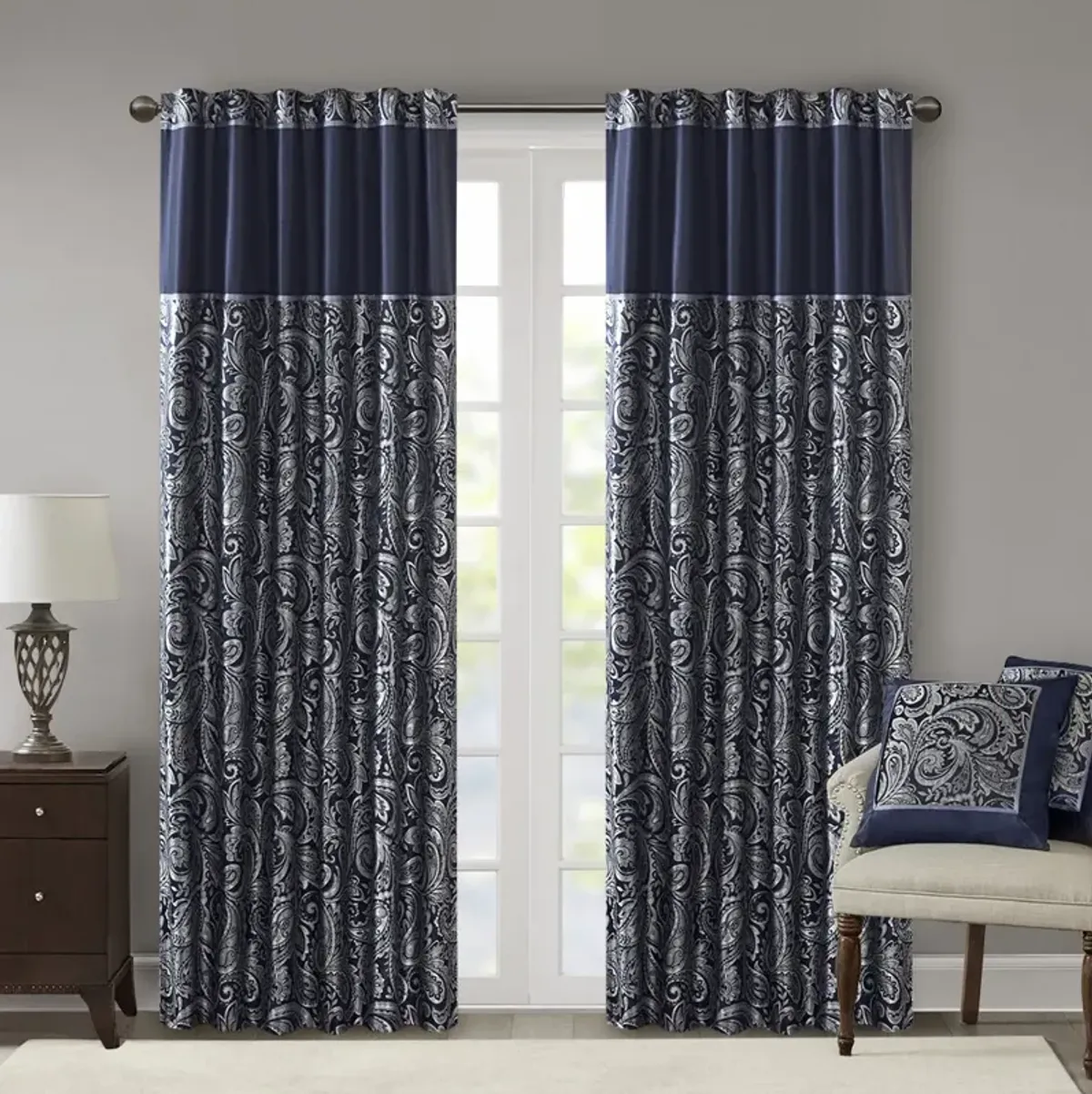 Madison Park Aubrey Navy Jacquard Curtain Panel Pair