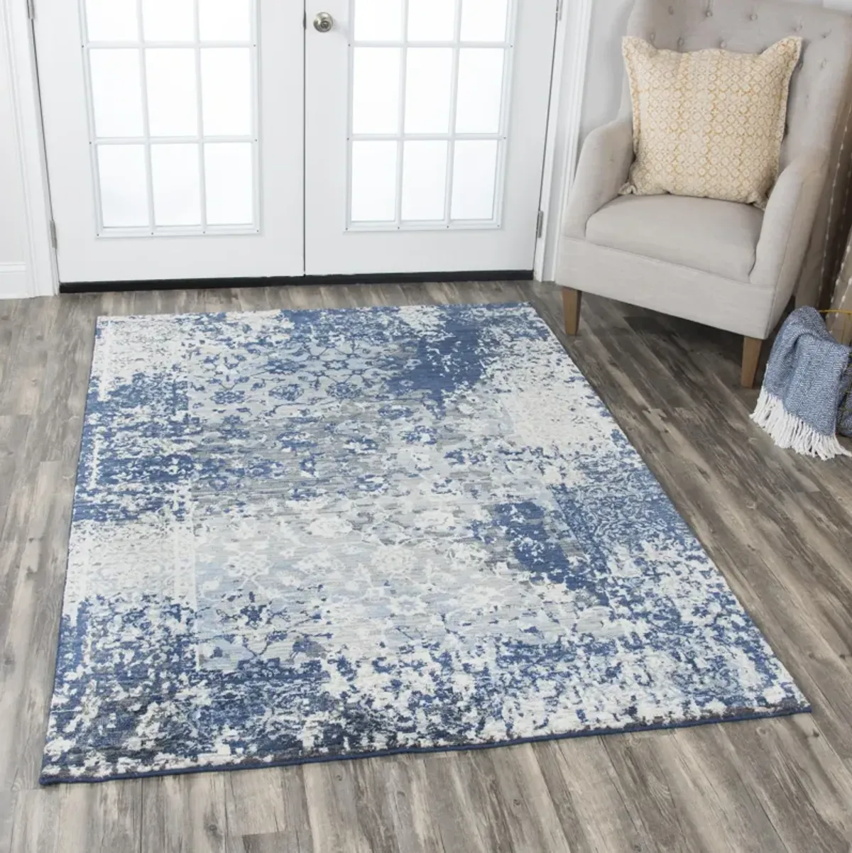 Gossamer Blue Floral Distress 100% New Zealand Wool 3' x 5' Rectangle Rug