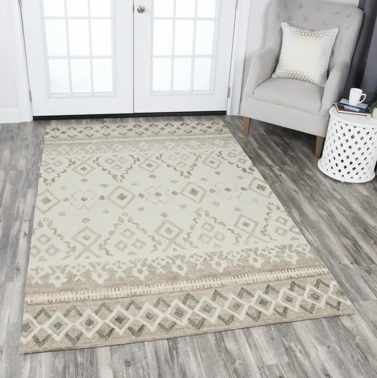 Opulent Natural/Beige Geometric Wool 8' x 10' Rectangle Rug