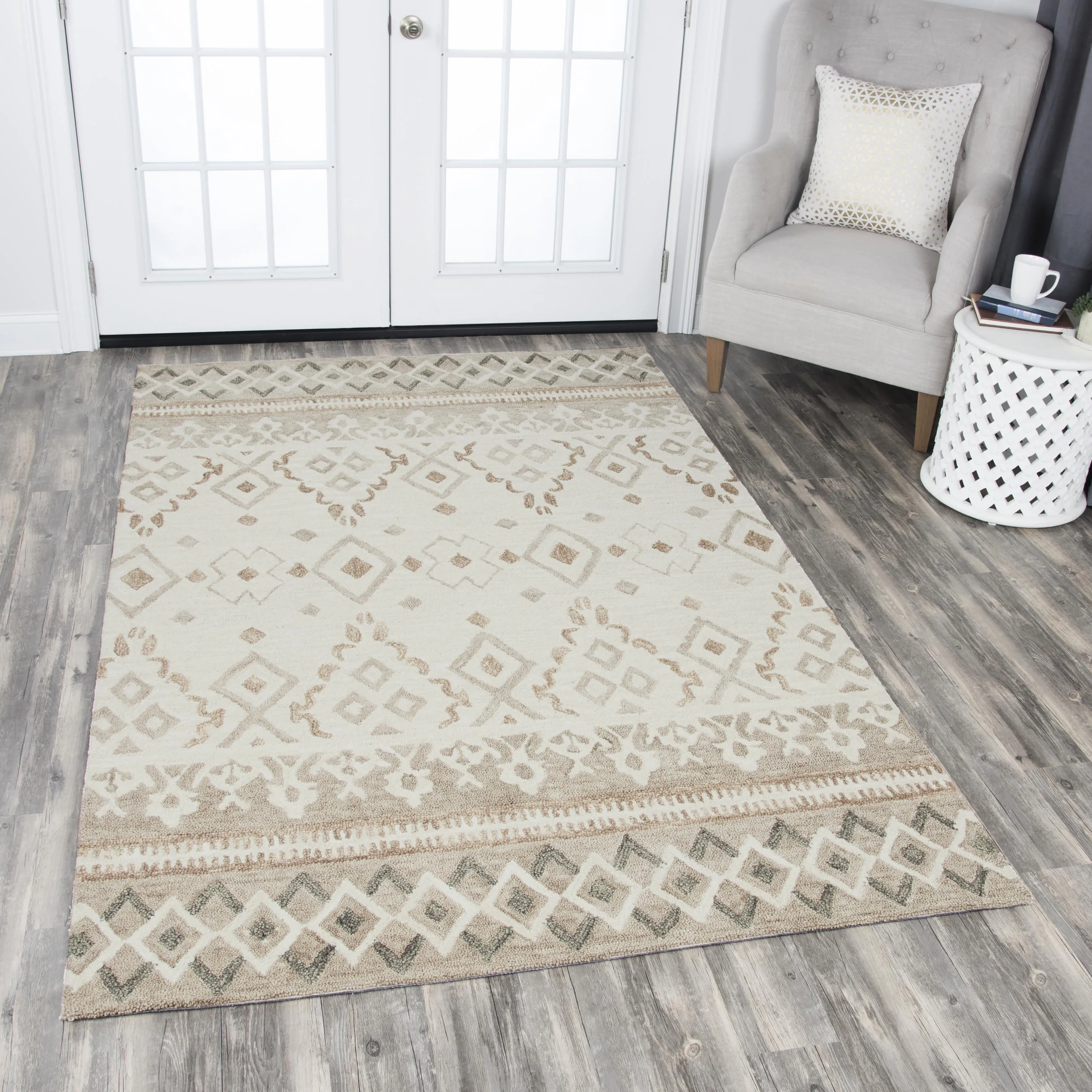 Opulent Natural/Beige Geometric Wool 8' x 10' Rectangle Rug