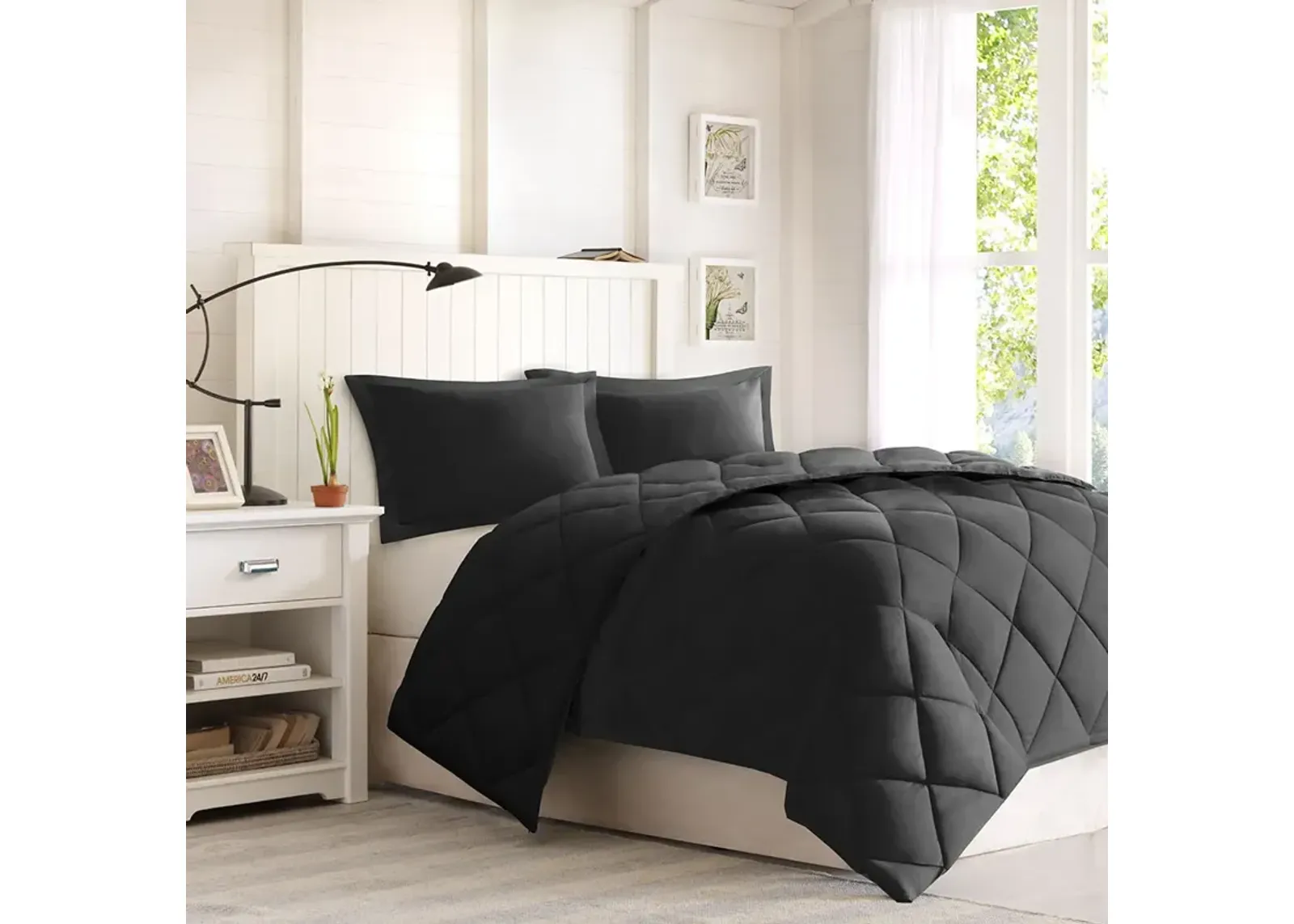 Madison Park Essentials Larkspur Black/Black 3M Scotchgard Diamond Quilting Reversible Down Alternative Comforter Set