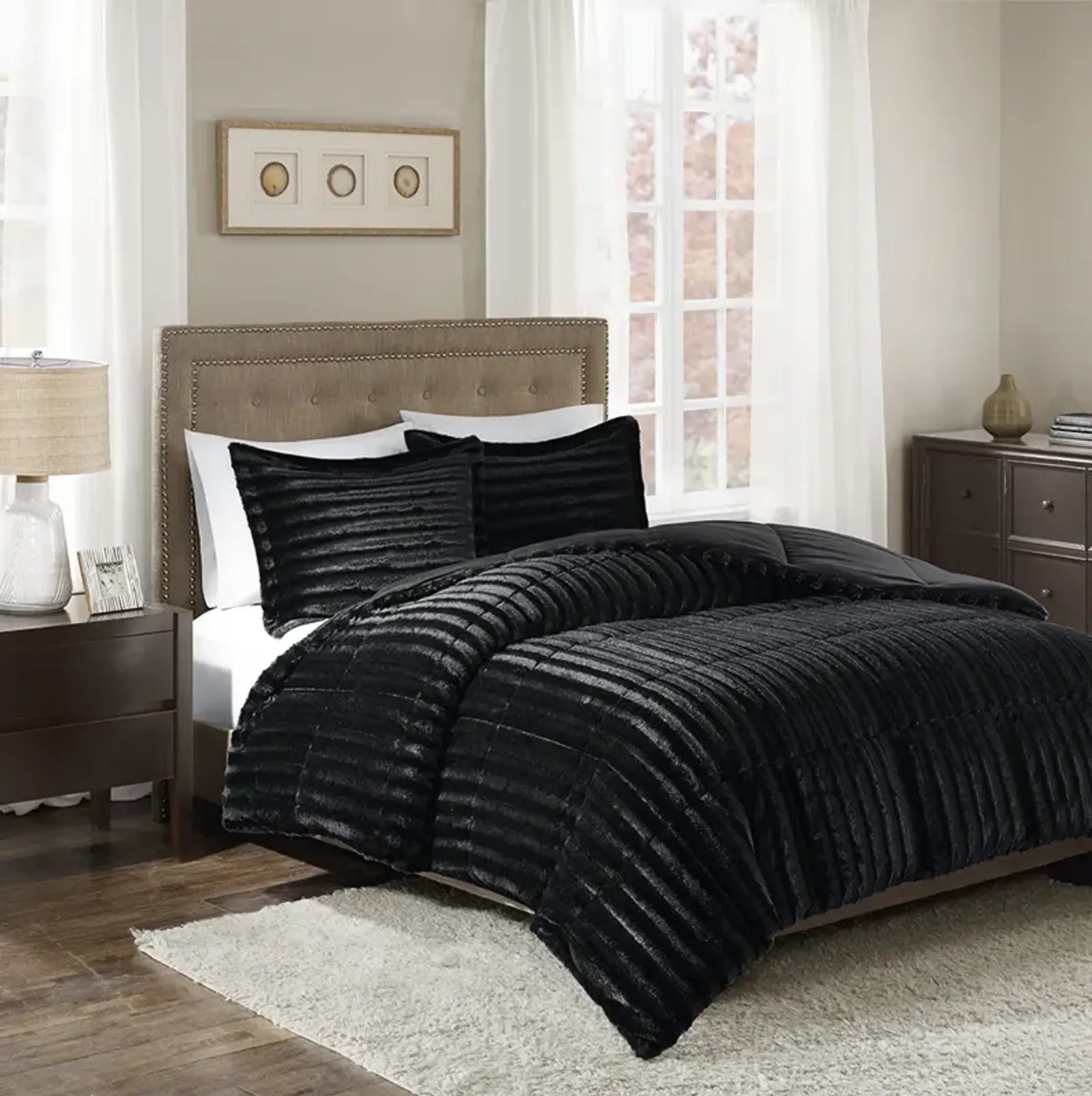 Madison Park Duke Black Faux Fur Comforter Mini Set