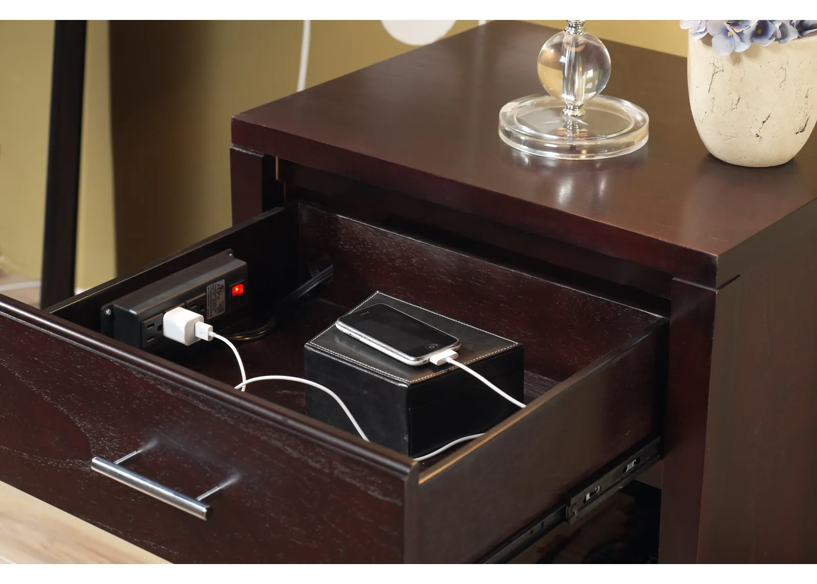 Nevis Charging Station Nightstand in Espresso