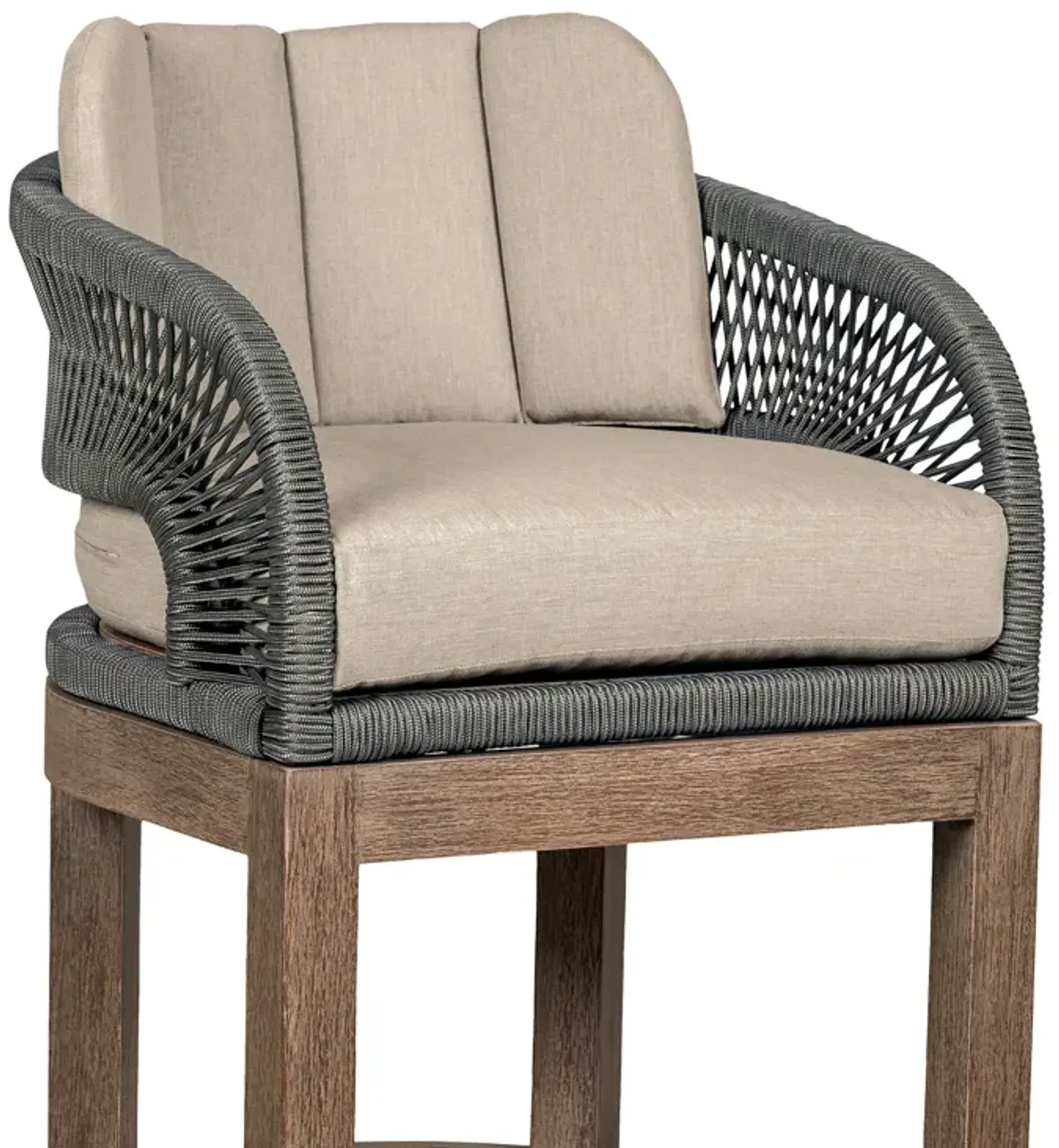 Orbit Outdoor Patio 30" Bar Stool in Weathered Eucalyptus Wood with Gray Rope and Taupe Olefin Cushions