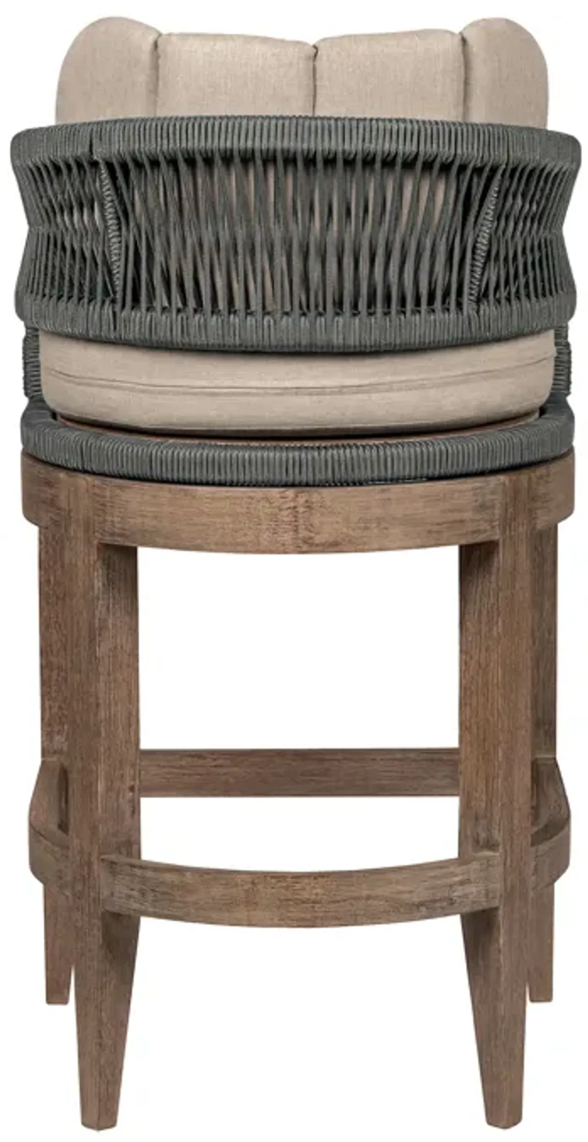 Orbit Outdoor Patio 30" Bar Stool in Weathered Eucalyptus Wood with Gray Rope and Taupe Olefin Cushions