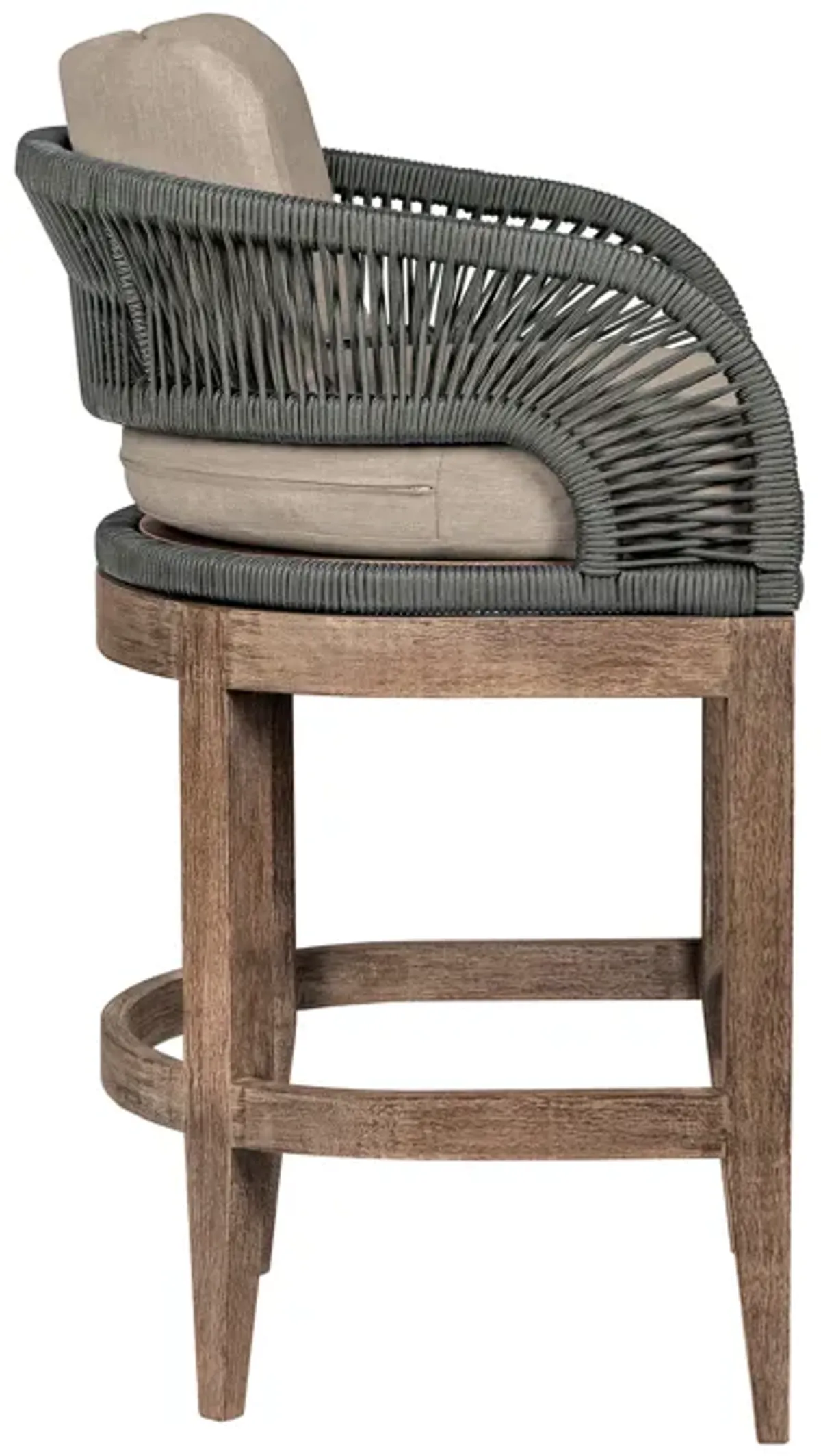 Orbit Outdoor Patio 30" Bar Stool in Weathered Eucalyptus Wood with Gray Rope and Taupe Olefin Cushions