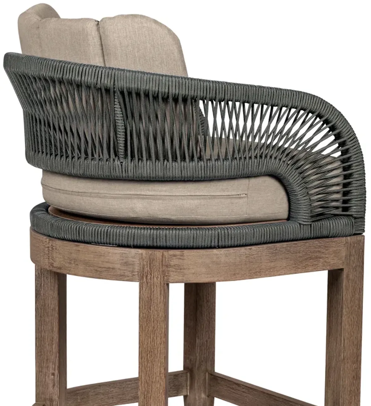 Orbit Outdoor Patio 30" Bar Stool in Weathered Eucalyptus Wood with Gray Rope and Taupe Olefin Cushions