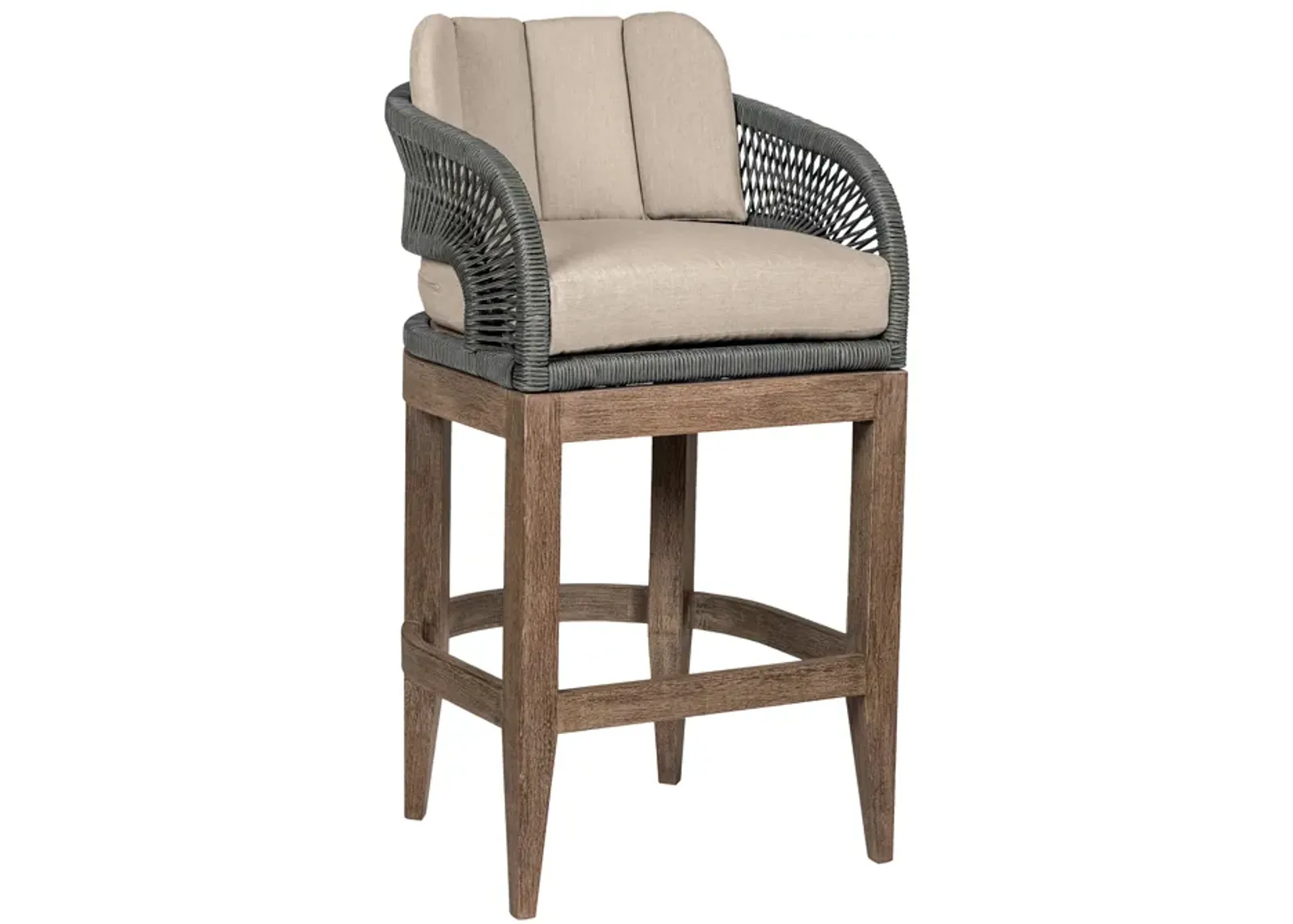 Orbit Outdoor Patio 30" Bar Stool in Weathered Eucalyptus Wood with Gray Rope and Taupe Olefin Cushions