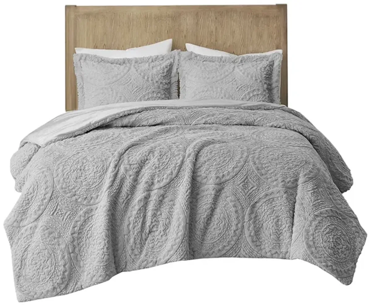 Madison Park Arya Grey Embroidered Medallion Faux Fur Ultra Plush Comforter Mini Set