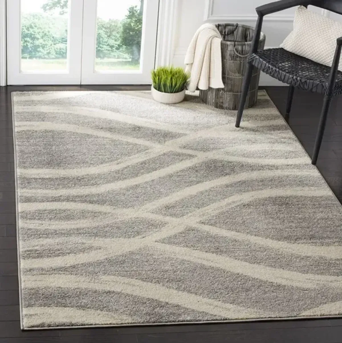 Adirondack Contemporary Grey / Cream 2'-6" X 12' Powerloomed Rug