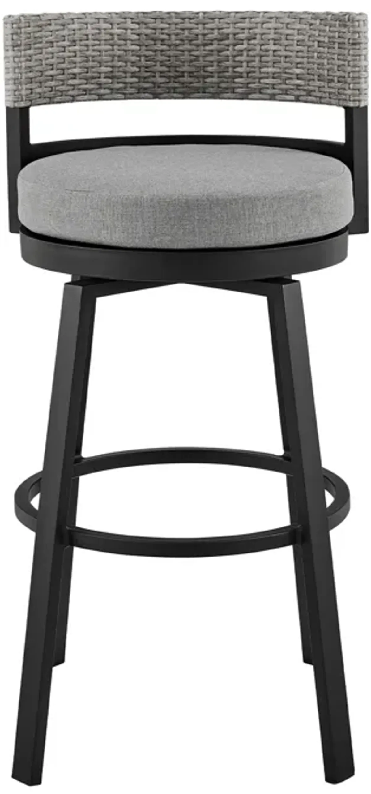 Encinitas Outdoor Patio Swivel Bar Stool in Aluminum and Wicker with Grey Cushions