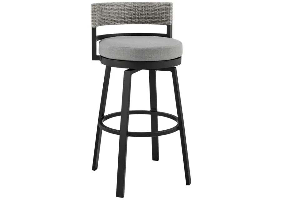 Encinitas Outdoor Patio Swivel Bar Stool in Aluminum and Wicker with Grey Cushions