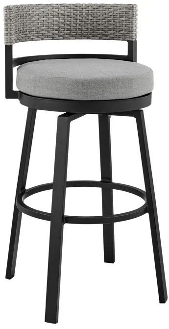 Encinitas Outdoor Patio Swivel Bar Stool in Aluminum and Wicker with Grey Cushions