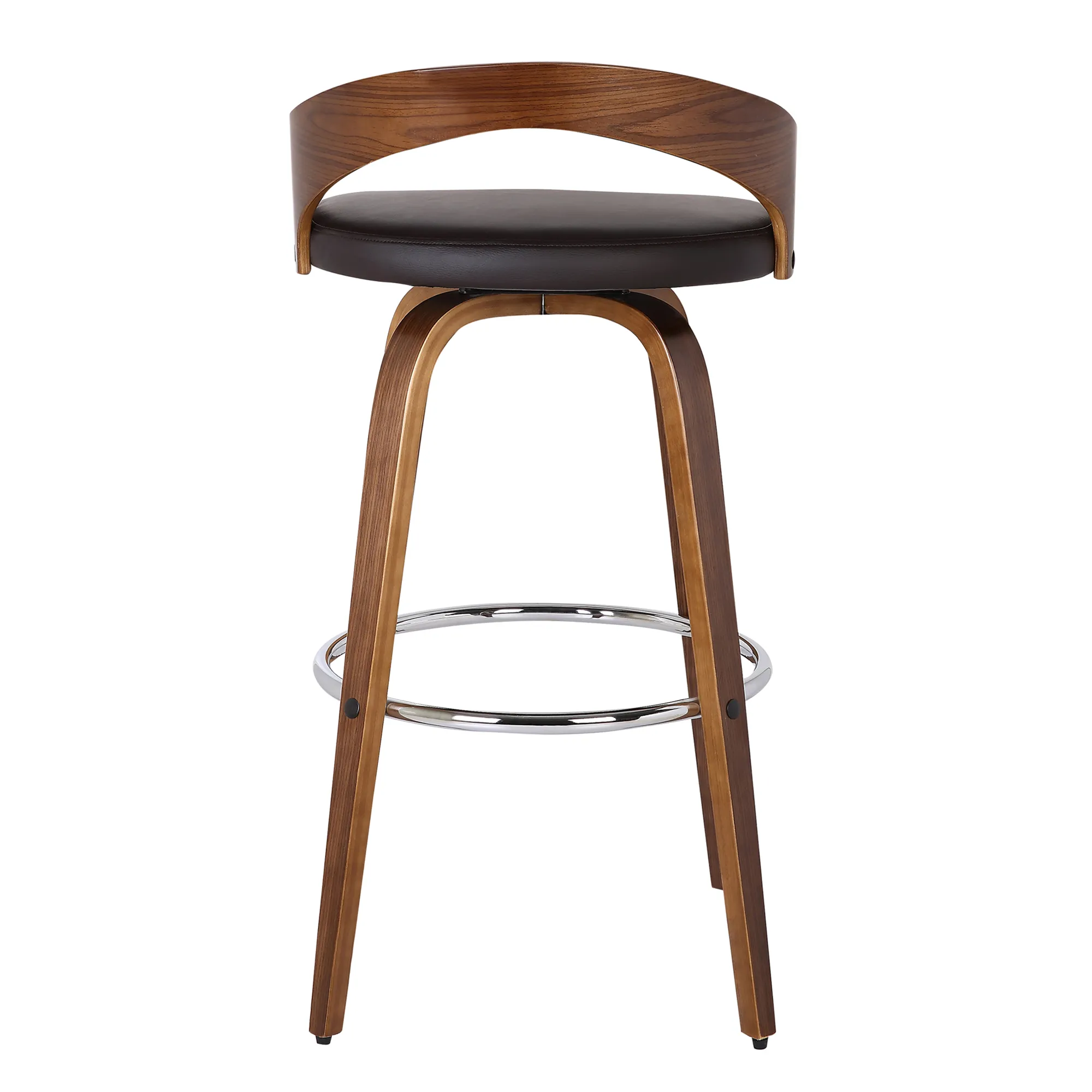 Sonia 30" Bar Height Swivel Brown Faux Leather and Walnut Wood Bar Stool