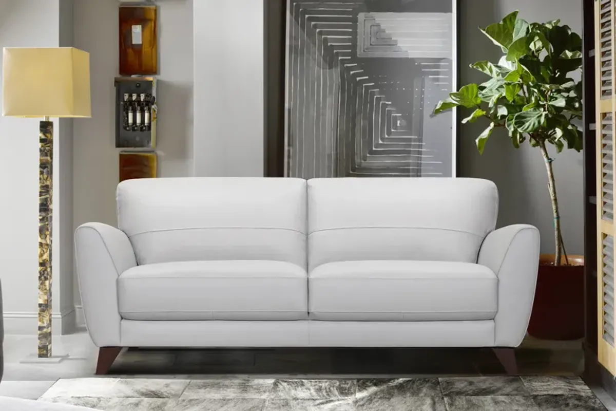 Jedd Contemporary Sofa in Genuine Dove Gray Leather with Brown Wood Legs