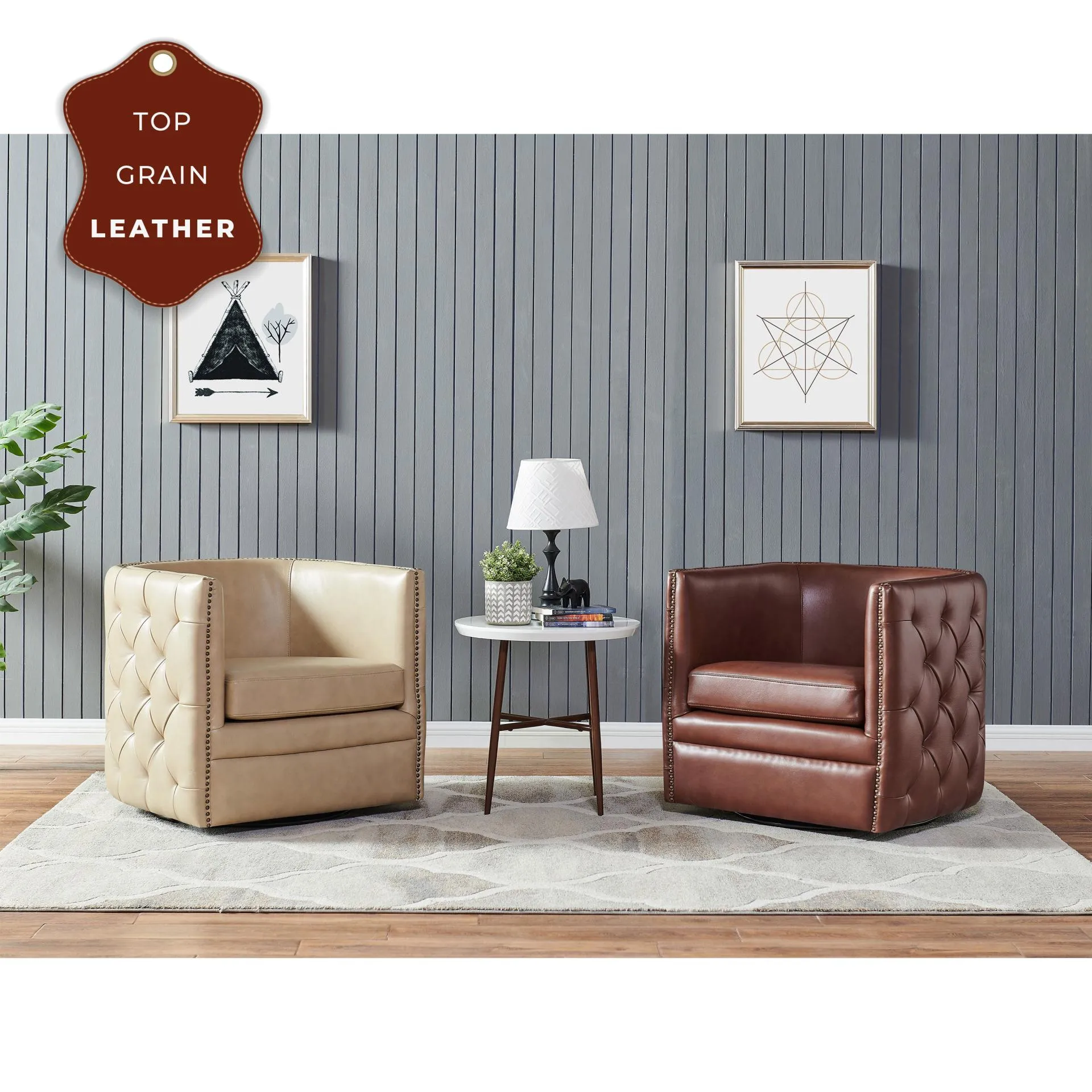 leslie top grain leather swivel tufted accent arm chair, garrett brown