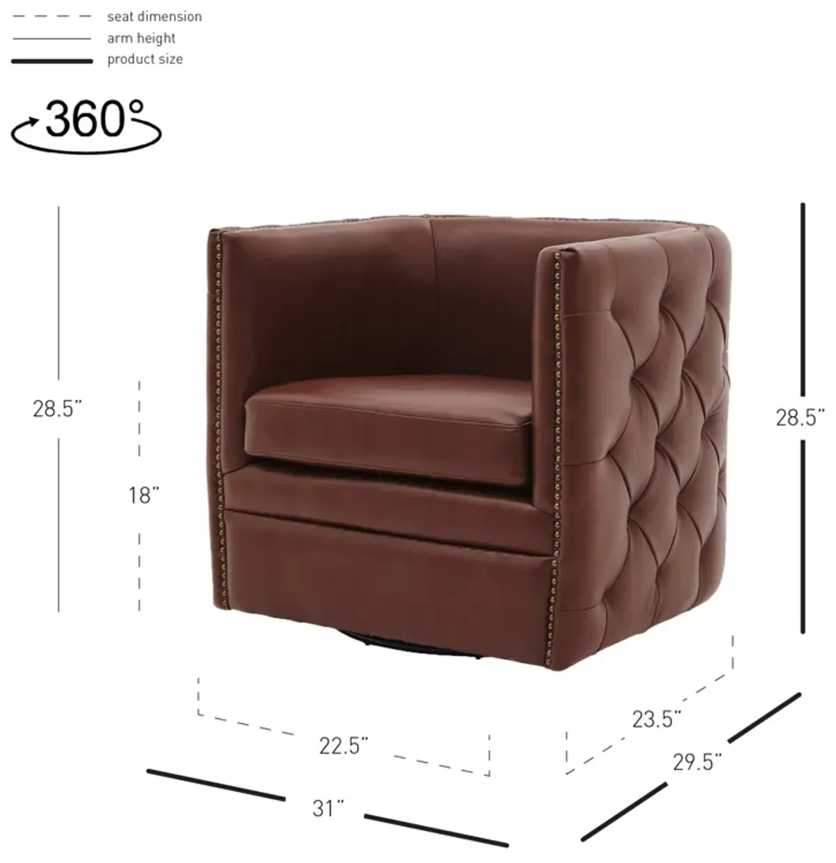 leslie top grain leather swivel tufted accent arm chair, garrett brown