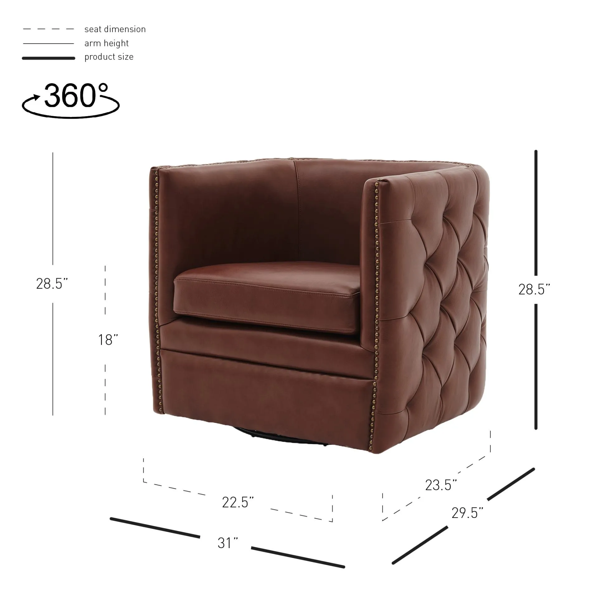 leslie top grain leather swivel tufted accent arm chair, garrett brown