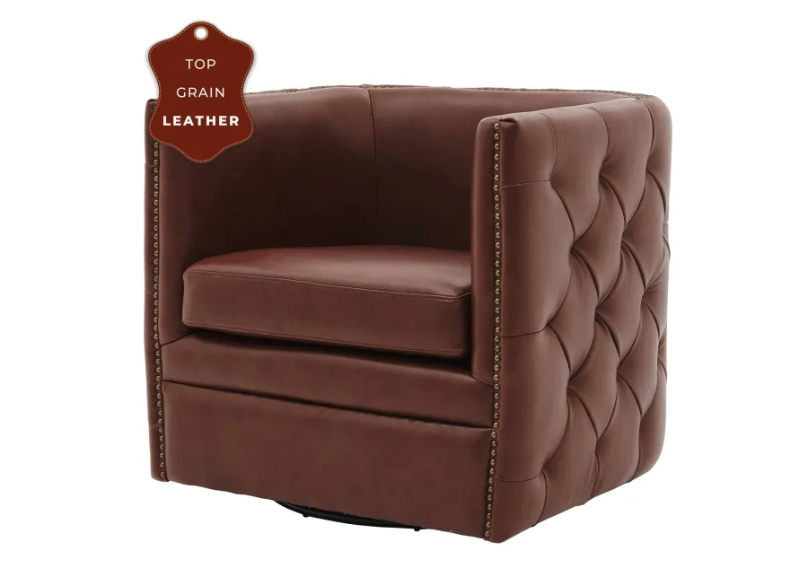 leslie top grain leather swivel tufted accent arm chair, garrett brown