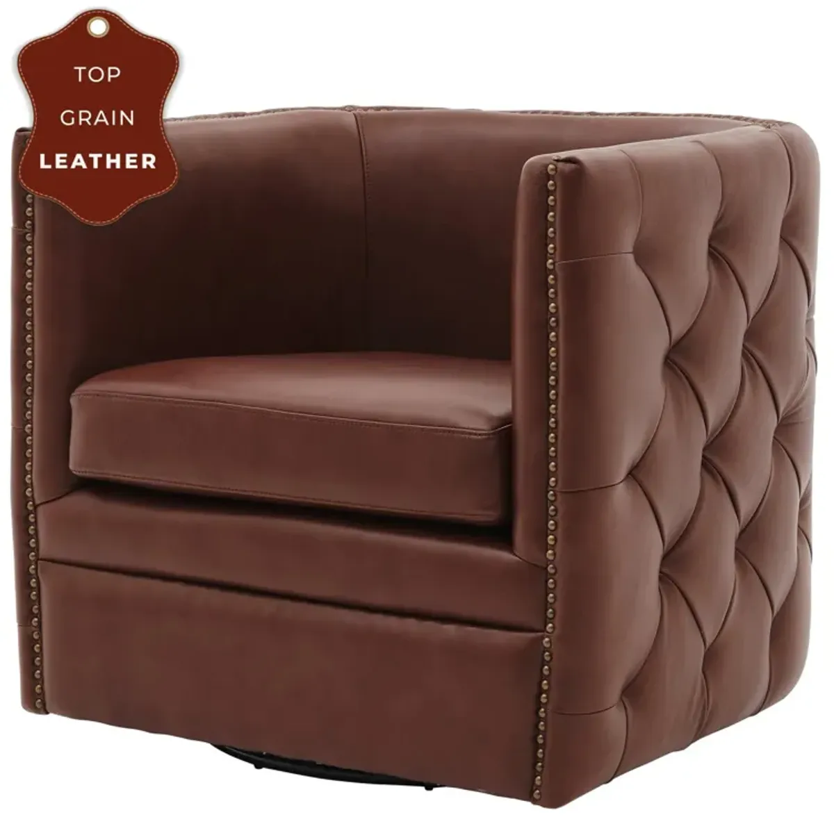 leslie top grain leather swivel tufted accent arm chair, garrett brown