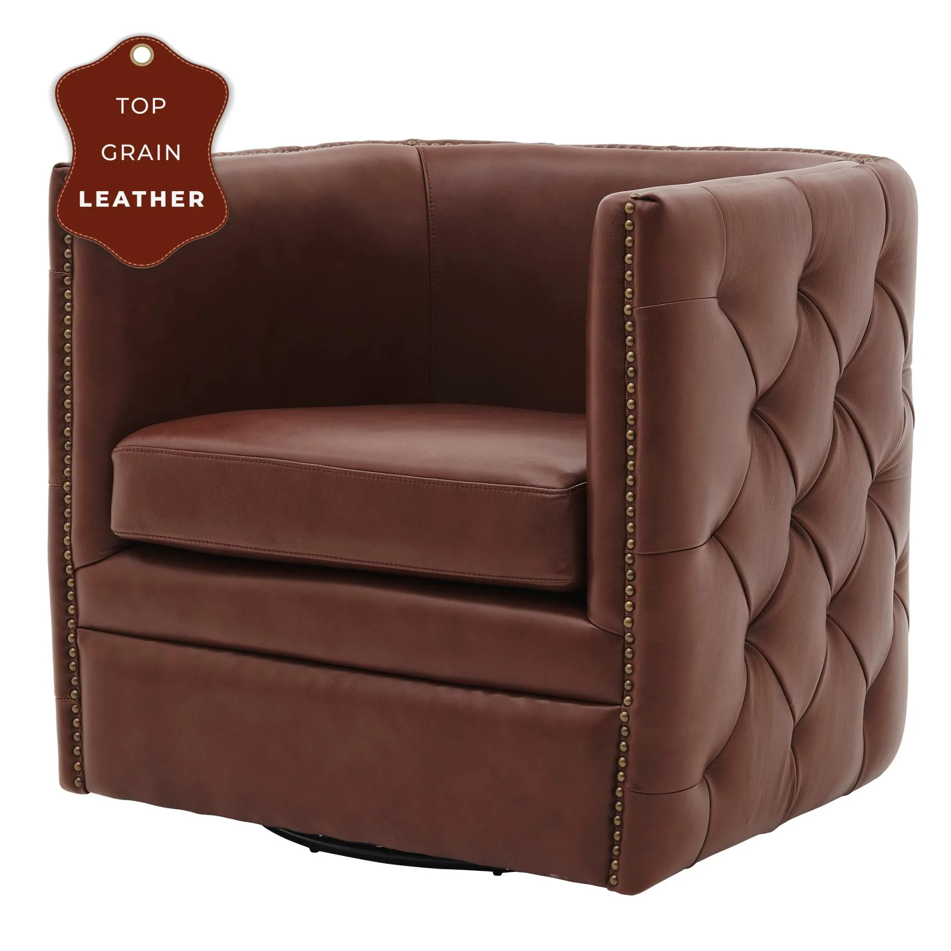 leslie top grain leather swivel tufted accent arm chair, garrett brown