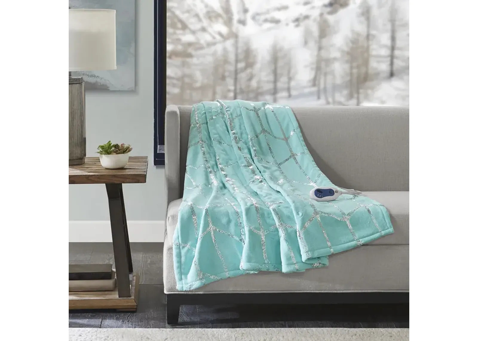 True North by Sleep Philosophy Raina Aqua Heated Metallic Print Throw