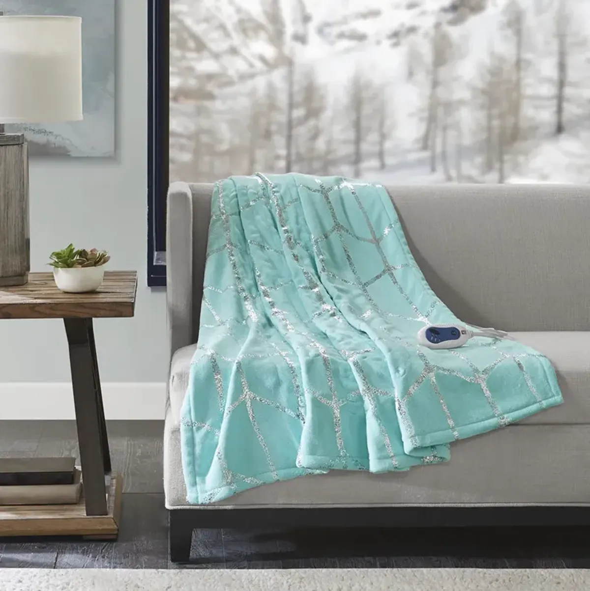 True North by Sleep Philosophy Raina Aqua Heated Metallic Print Throw