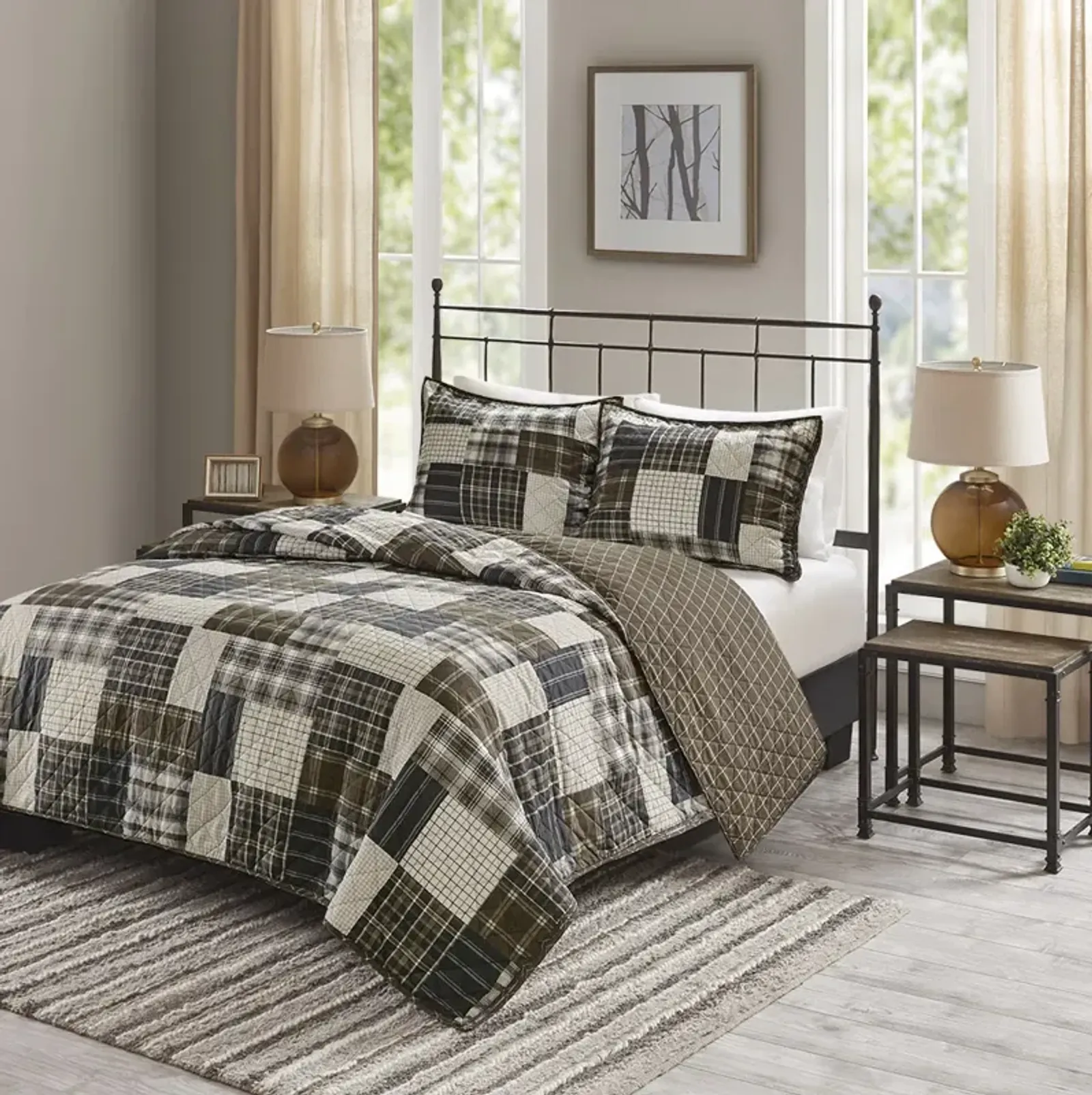 Madison Park Timber Black/Brown 3 Piece Reversible Printed Quilt Set