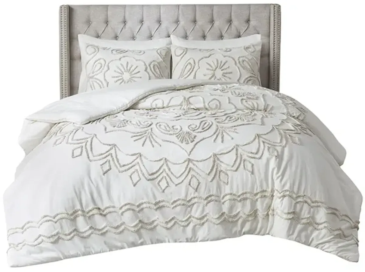 Madison Park Violette Ivory/Taupe 3 Piece Tufted Cotton Chenille Comforter Set