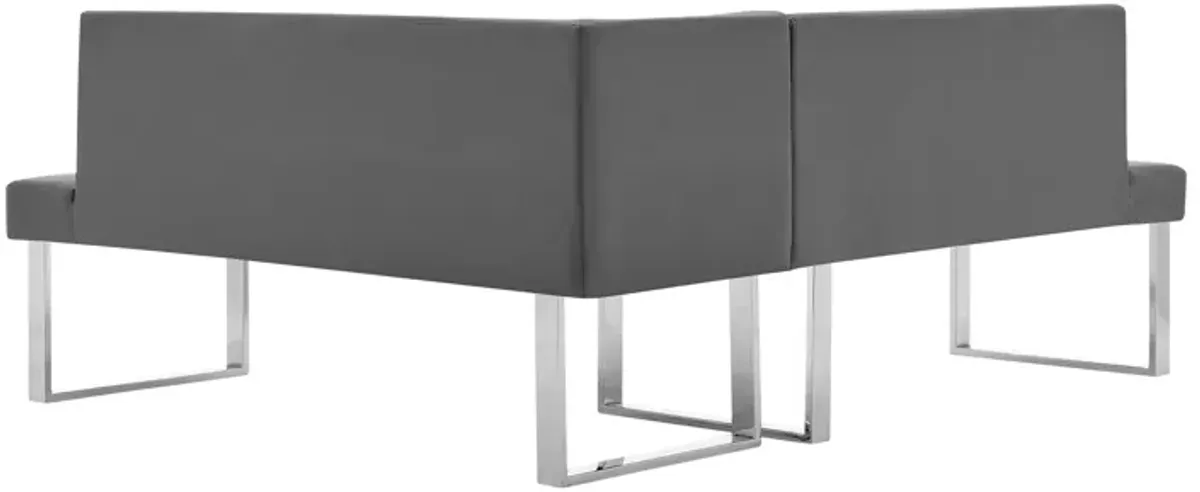 Amanda Contemporary Nook Corner Dining Bench in Gray Faux Leather and Chrome Finish